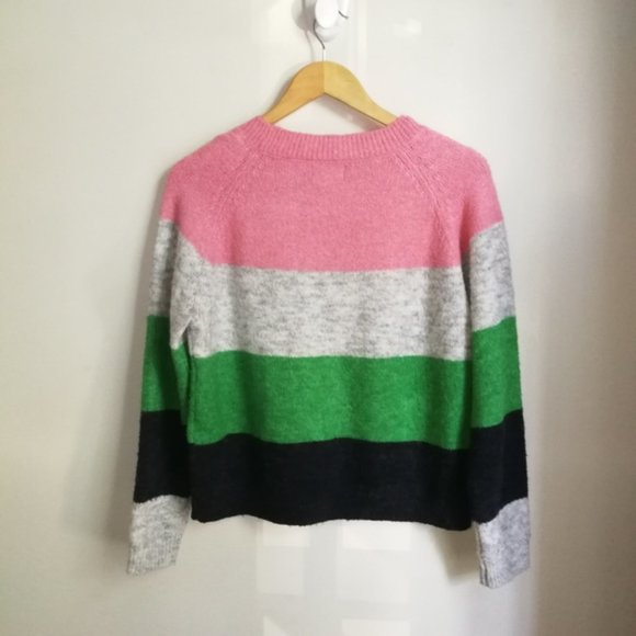 Medium ONLY Oversized Color Block Stripes Wool Crewneck Chunky Knit Sweater - Picture 6 of 12